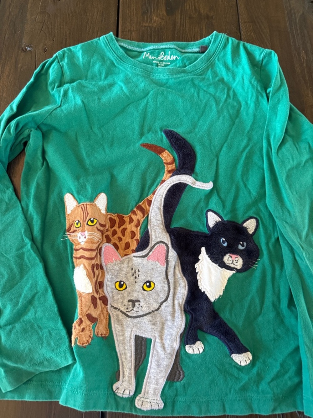Mini Boden Teal Green Long-Sleeve Top with Three Cat Appliqués